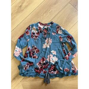 By Timo Floral Print‎ Blouse Top XS Blue Pink Long Sleeve Tassel Boho Chic